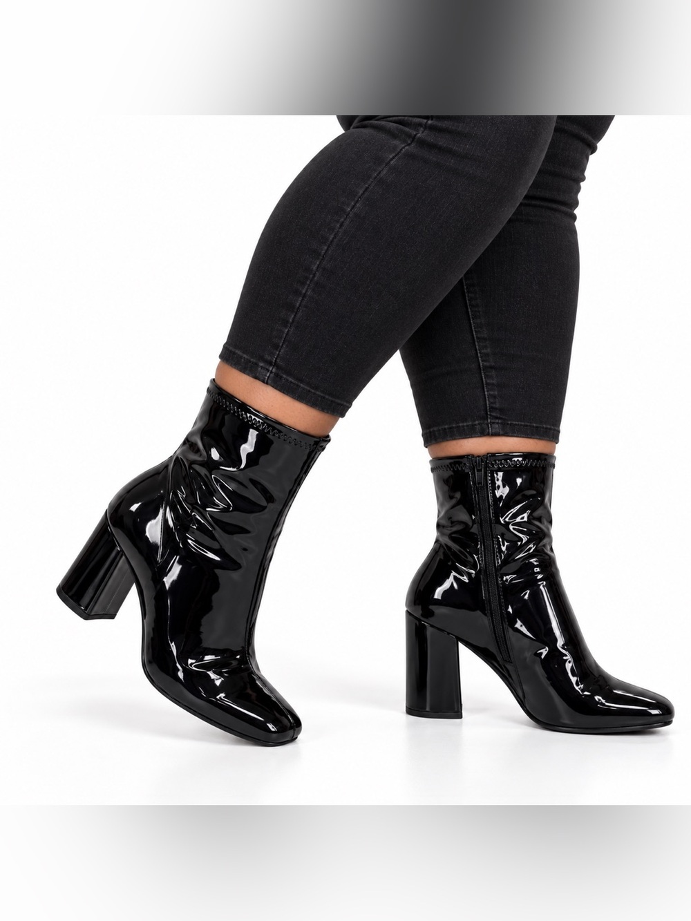 Torrid Black Stretch Patent Ankle Bootie Wide Width Chunky Block Heel Square Toe